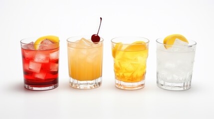 Poster - A row of four glasses filled with different types of drinks. Perfect for beverage concepts