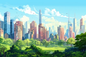 Poster - A cityscape with trees in the foreground. Suitable for urban and nature themes
