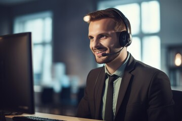 Poster - A man sitting in front of a computer wearing a headset. Ideal for tech support concepts