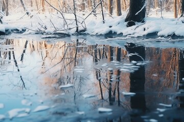 Poster - A picturesque snow covered forest with a flowing stream. Suitable for winter and nature themes
