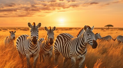 Poster - A herd of zebra standing on a grass covered field. Suitable for nature and wildlife themes