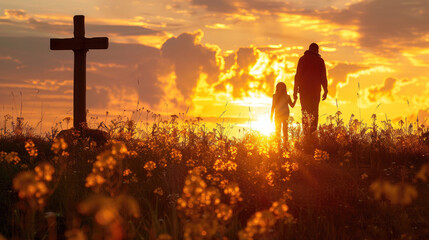 A silhouette of a parent and child walking by a cross at sunset.