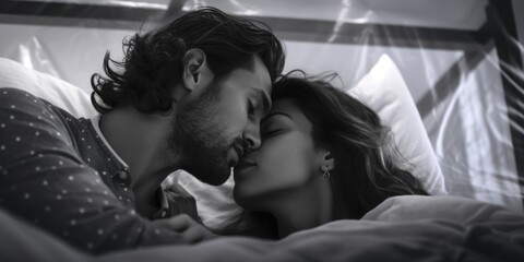 Poster - Romantic couple sharing a kiss in bed, perfect for illustrating love and intimacy
