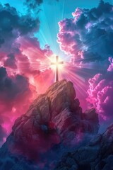 Wall Mural - A radiant cross on a rocky peak under a dramatic sky.