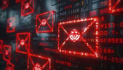 Poster - Threat Alert, Inbox Brimming with Spam, Each Marked for Caution