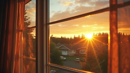 Poster - Sun setting through a window, suitable for home decor