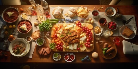 Wall Mural - A variety of food displayed on a wooden table. Suitable for food blogs and restaurant promotions