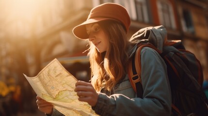 Poster - A woman studying a map while on a hike. Perfect for travel and navigation concepts
