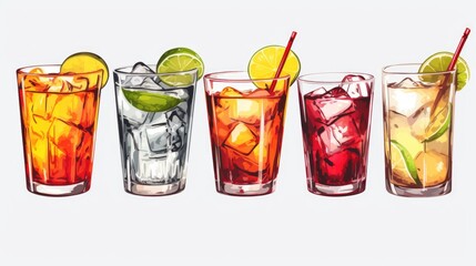 Poster - Row of glasses filled with different types of drinks, suitable for menu design