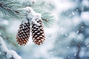 Poster - Close up of a pine cone on a tree branch. Suitable for nature and autumn themes