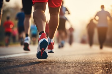 Wall Mural - A group of people running together on a road. Suitable for fitness and teamwork concepts