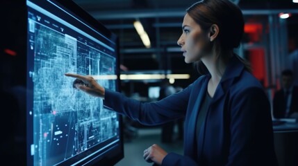 Poster - Woman pointing at digital map on screen, useful for travel planning