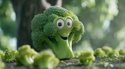 Wall Mural - A cartoon broccoli with a face and eyes. Generative AI.