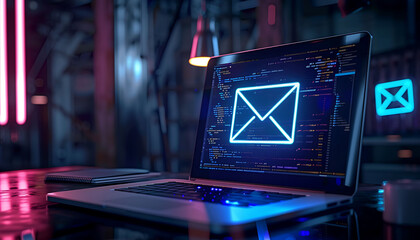 Poster - threats of email spam on laptop, attacks, malware.