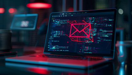 Poster - threats of email spam on laptop, attacks, malware.