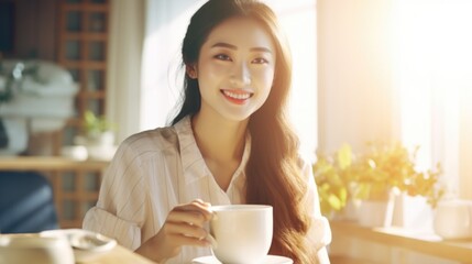 Poster - Woman sitting at a table with a cup of coffee, perfect for coffee shop promotions