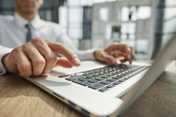 Wall Mural - close-up. business man works on a laptop.