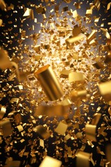 Poster - A bunch of gold confetti on a black background. Perfect for celebrations and events