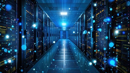 Poster - Internet concept data background,Corridor in Working Data Center Full of Rack Servers and Supercomputers	
