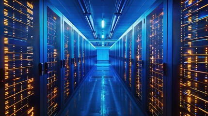 Poster - Internet concept data background,Corridor in Working Data Center Full of Rack Servers and Supercomputers 