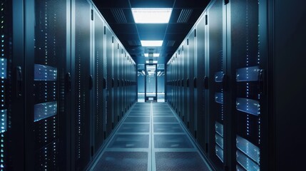Poster - Internet concept data background,Corridor in Working Data Center Full of Rack Servers and Supercomputers 