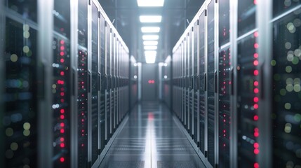 Poster - Internet concept data background,Corridor in Working Data Center Full of Rack Servers and Supercomputers 