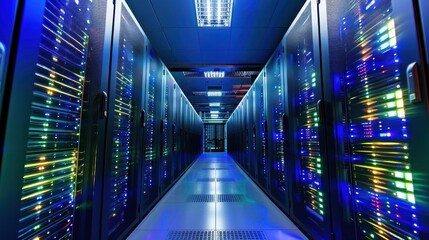 Poster - Internet concept data background,Corridor in Working Data Center Full of Rack Servers and Supercomputers 