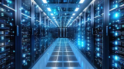 Poster - Internet concept data background,Corridor in Working Data Center Full of Rack Servers and Supercomputers 