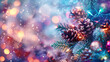 Blurred Christmas glitter bokeh background with pine tree branches, pine cones, red berries, Christmas balls.