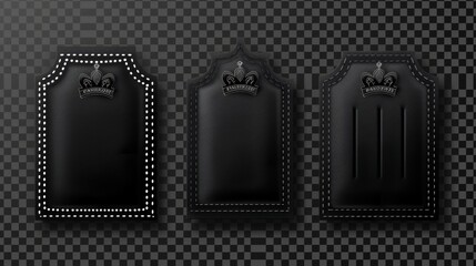 Wall Mural - The label is made of black cloth and has a crown symbol, textile badges with seams and fabric textures. Fashion clothing isolated on transparent background, 3D realistic modern illustration.