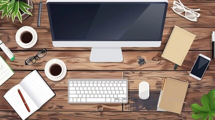 Fototapete - An illustration of a workspace with a computer, stationery, a coffee cup, and a plant on a wooden table.