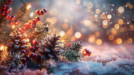  Blurred Christmas glitter bokeh background with pine tree branches, pine cones, red berries, Christmas balls.