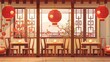 A modern cartoon interior of a Chinese restaurant with traditional windows, red asian lanterns, flowers, and dragons in decoration.