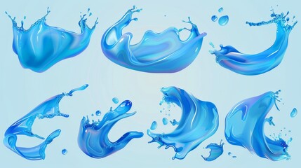 Poster - Flowing clear pure aqua, fluid splashing isolated on transparent background. Modern realistic set of liquid splashing and water splashing isolated on transparent background.
