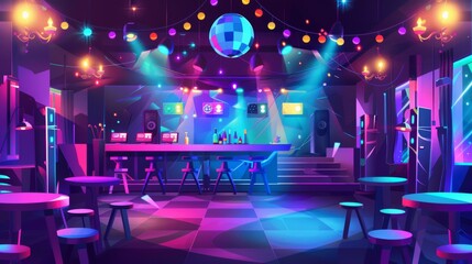 Wall Mural - A night club with a bar counter, tables, DJ console and dance floor illuminated by disco ball and spotlights. Modern cartoon interior of a nightclub with glowing neon lights.