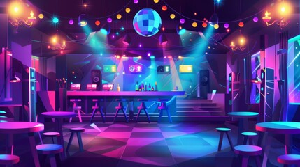 Canvas Print - A night club with a bar counter, tables, DJ console and dance floor illuminated by disco ball and spotlights. Modern cartoon interior of a nightclub with glowing neon lights.