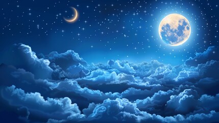 Poster - modern illustration of the moon in night sky with clouds and stars. full moon and crescent on a dark