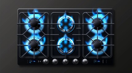 Wall Mural - Graphitic set of flames and grate on a gas burner. Top view of a fired-up propane butane oven for cooking.