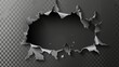Rip holes in metal with curly edges, cracked steel, cut damage on steel sheet. Torn slash, gun aperture isolated on transparent background.