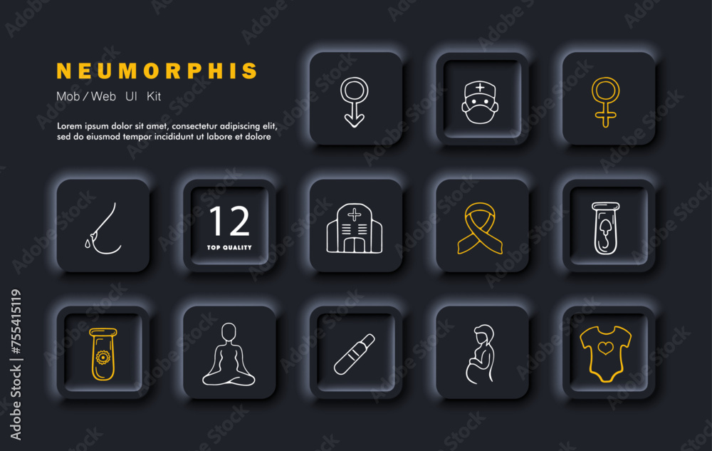 Pregnancy set icon. Boy, hospital obstetrician, girl, breastfeeding, egg, sperm, pregnancy test, pregnant woman, self care. Childbirth concept. Neomorphism style. Vector line icon