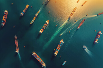 Wall Mural - Congested sea route where cargo ships jostling for space. Massive vessels with decks laden with containers and cargo destined for ports around world aerial view