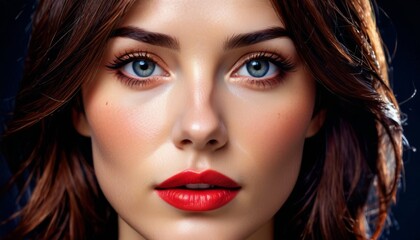   a close up of a woman's face with blue eyes and a red lipstick on a dark blue background.