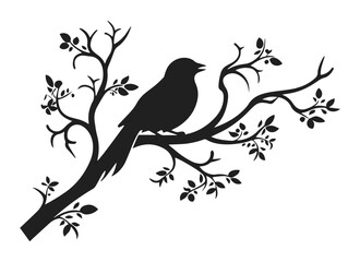 Wall Mural - Bird on branch vector illustration. Small sparrow sitting on tree hand drawn black on white background. Spring nature decorative silhouette