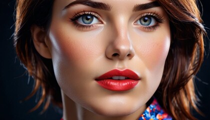   a close up of a woman's face with a red lip and a blue eyeshadow, with a black background.