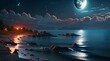 beautiful panorama with full moon on the sea until night