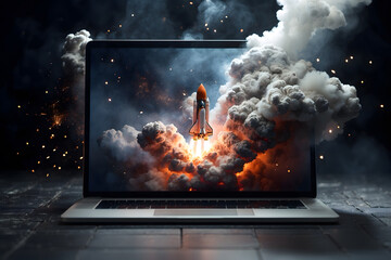 Wall Mural - A concept of a rocket launching through a laptop