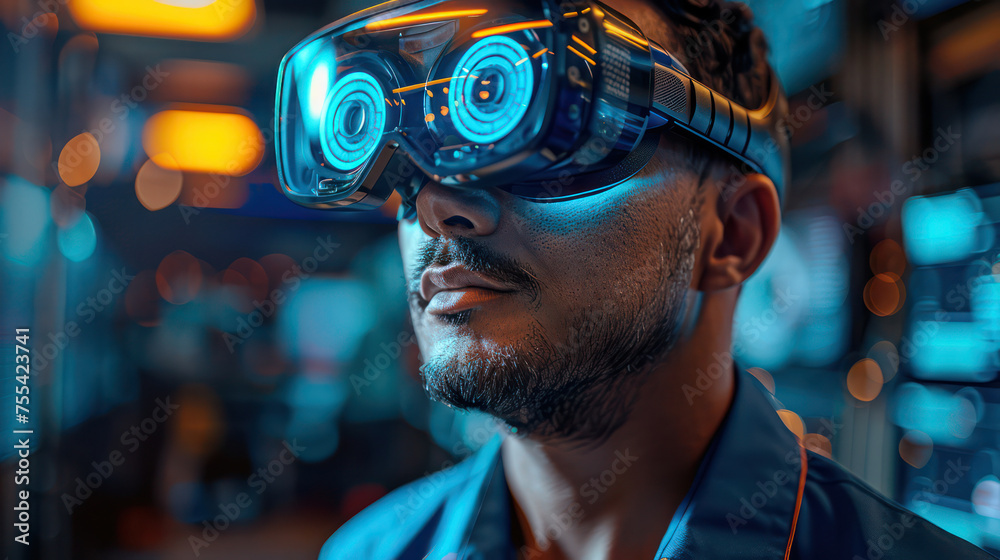 A worker using a VR goggles designing a dashboard for a control room
