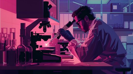 Aufkleber - Focused scientist engaged in research using a microscope in a modern lab. illustration of scientific discovery process. purple toned lab imagery. AI