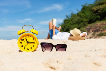 Handsome relaxed man happy beach and summer, freelance working social on holiday summer. Summer and Vacation Concept