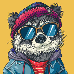 Funny cartoon bear vector illustration hipster animal in clothes.